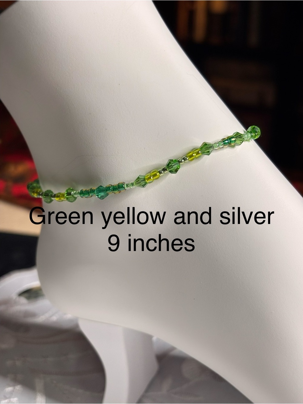 Handcrafted Green and Yellow Beaded Anklet 9 inches